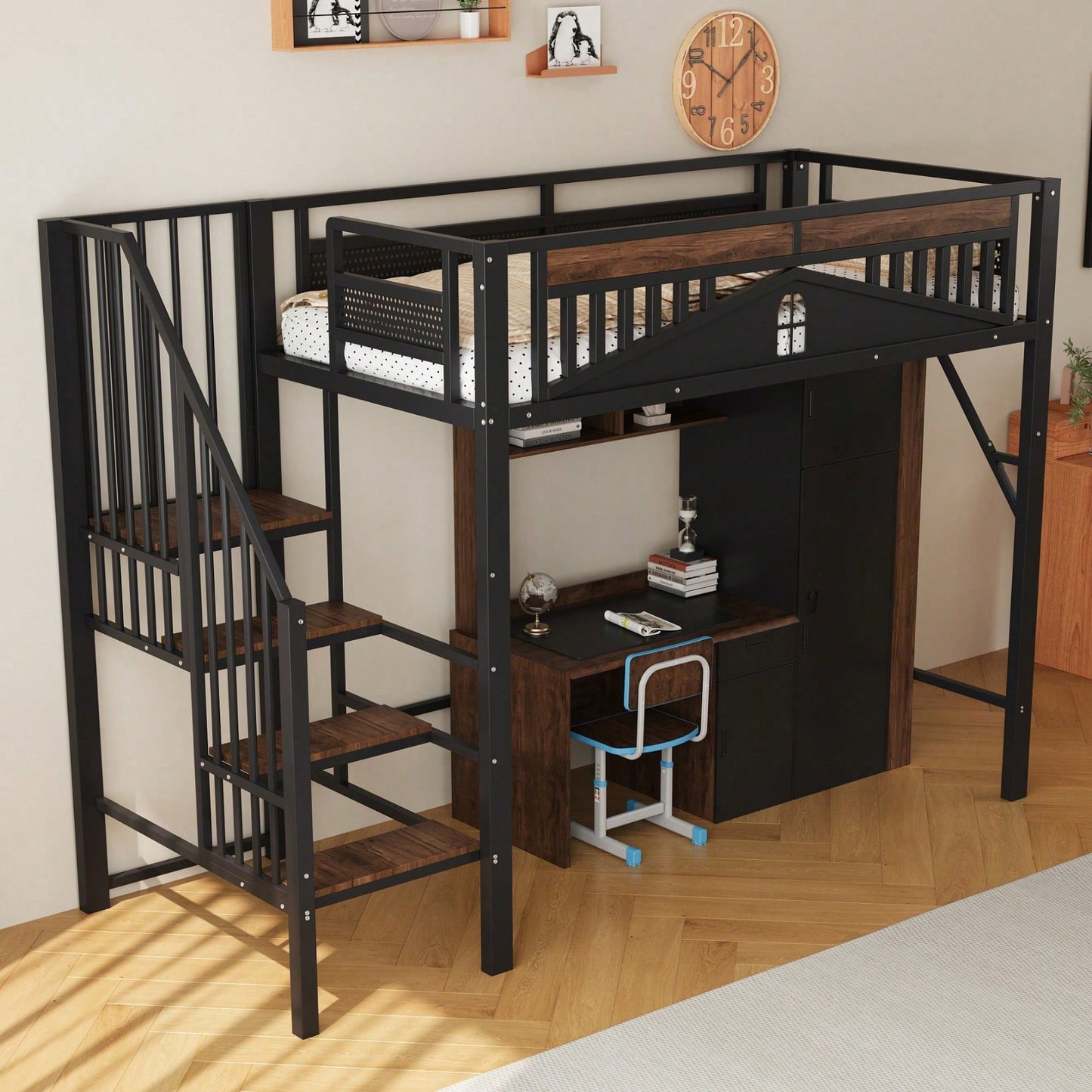 Weißes Metall-Hochbett 90x200 cm - Mit Sicherheitsumrandung, Fenster & stabiler Leiter, großzügiger Stauraum unter dem Bett