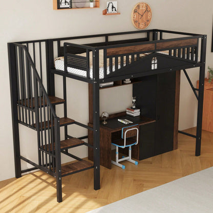 Weißes Metall-Hochbett 90x200 cm - Mit Sicherheitsumrandung, Fenster & stabiler Leiter, großzügiger Stauraum unter dem Bett