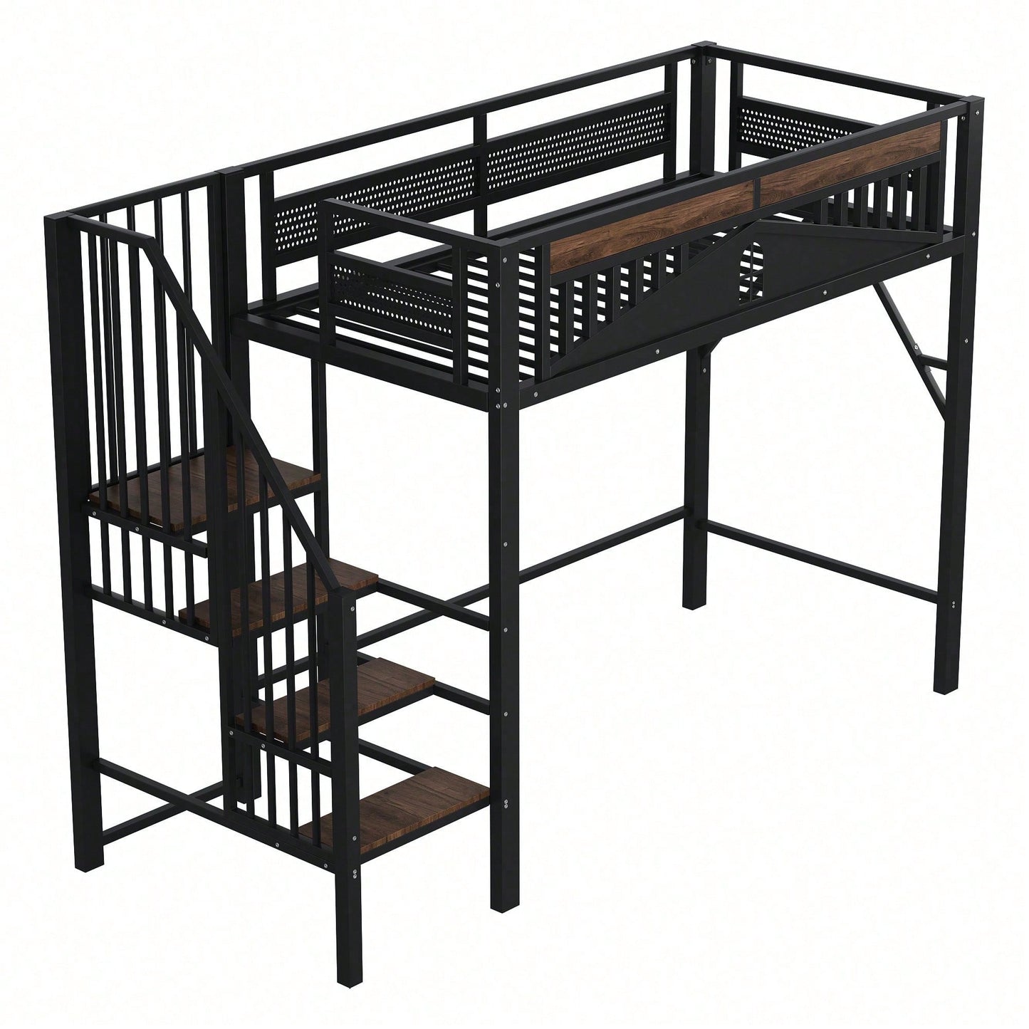 Weißes Metall-Hochbett 90x200 cm - Mit Sicherheitsumrandung, Fenster & stabiler Leiter, großzügiger Stauraum unter dem Bett