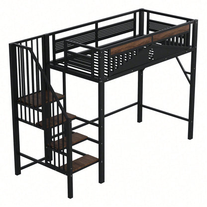 Weißes Metall-Hochbett 90x200 cm - Mit Sicherheitsumrandung, Fenster & stabiler Leiter, großzügiger Stauraum unter dem Bett