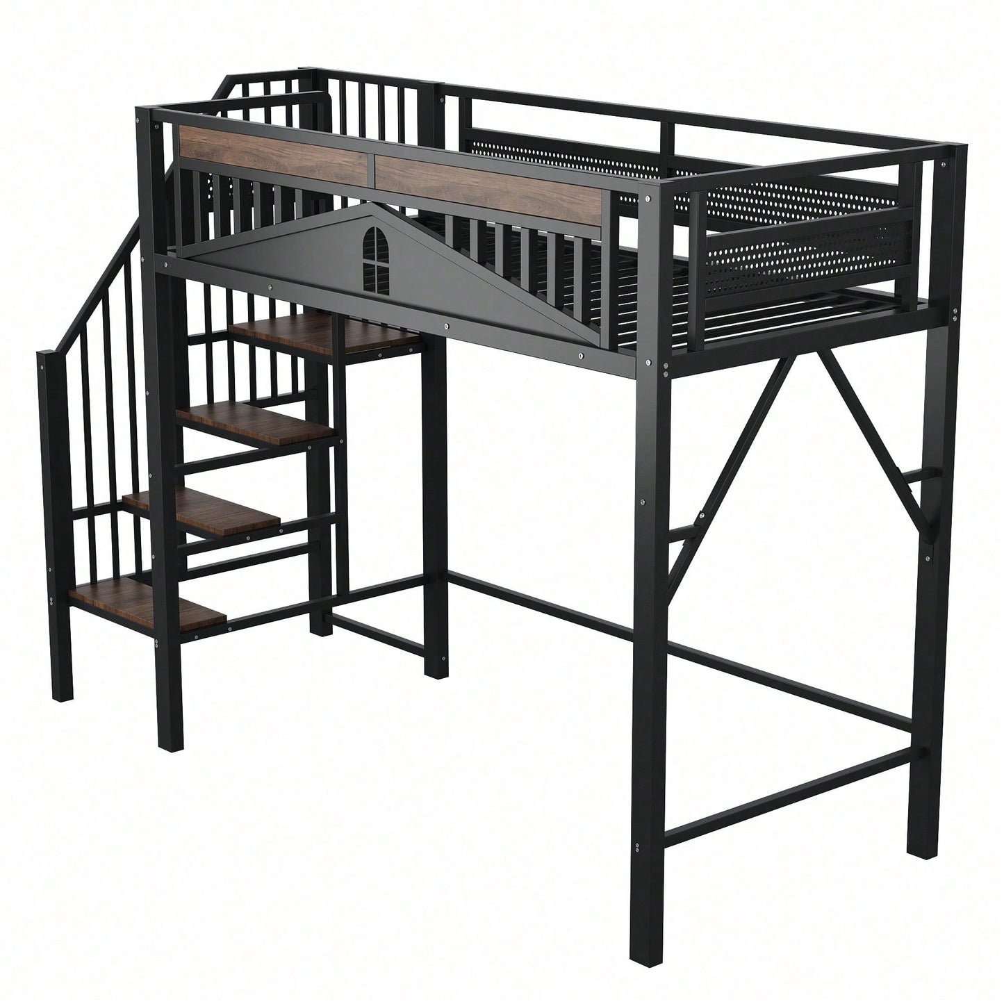 Weißes Metall-Hochbett 90x200 cm - Mit Sicherheitsumrandung, Fenster & stabiler Leiter, großzügiger Stauraum unter dem Bett