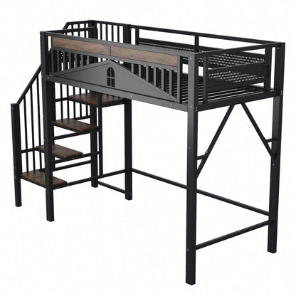 Weißes Metall-Hochbett 90x200 cm - Mit Sicherheitsumrandung, Fenster & stabiler Leiter, großzügiger Stauraum unter dem Bett