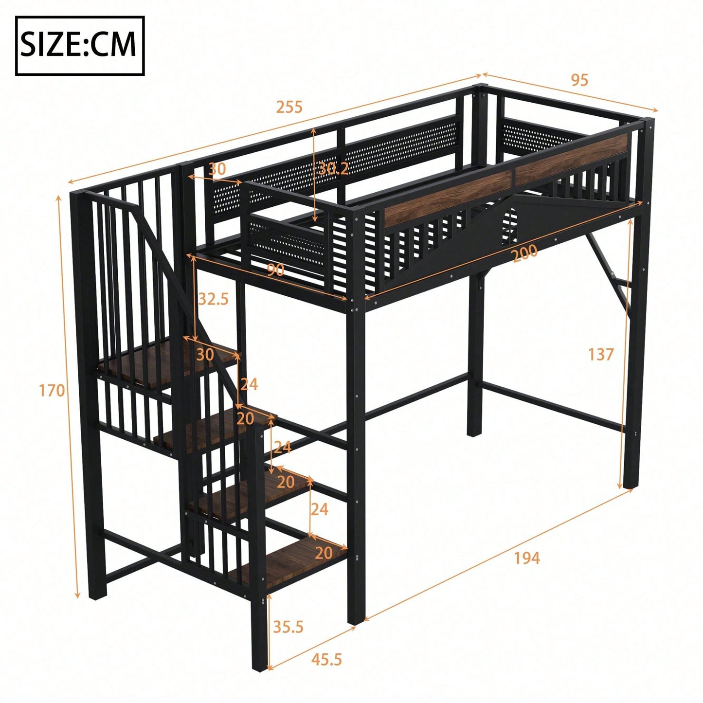 Weißes Metall-Hochbett 90x200 cm - Mit Sicherheitsumrandung, Fenster & stabiler Leiter, großzügiger Stauraum unter dem Bett