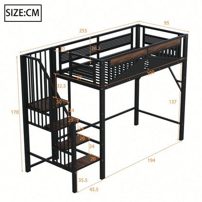 Weißes Metall-Hochbett 90x200 cm - Mit Sicherheitsumrandung, Fenster & stabiler Leiter, großzügiger Stauraum unter dem Bett