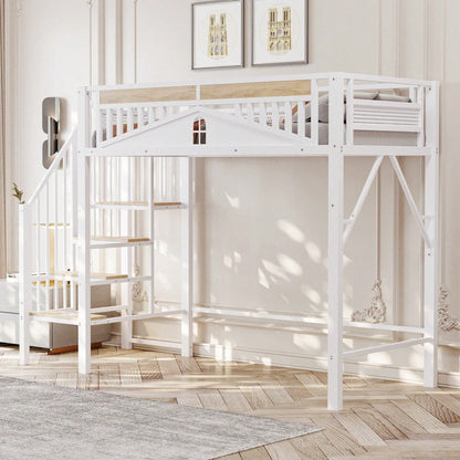 Weißes Metall-Hochbett 90x200 cm - Mit Sicherheitsumrandung, Fenster & stabiler Leiter, großzügiger Stauraum unter dem Bett