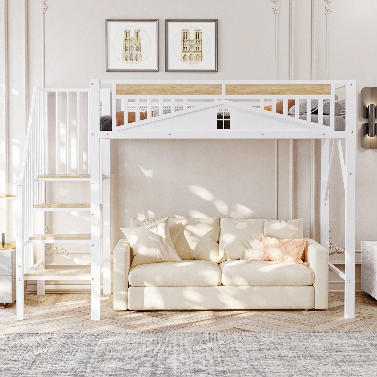 Weißes Metall-Hochbett 90x200 cm - Mit Sicherheitsumrandung, Fenster & stabiler Leiter, großzügiger Stauraum unter dem Bett