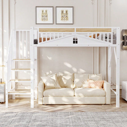 Weißes Metall-Hochbett 90x200 cm - Mit Sicherheitsumrandung, Fenster & stabiler Leiter, großzügiger Stauraum unter dem Bett