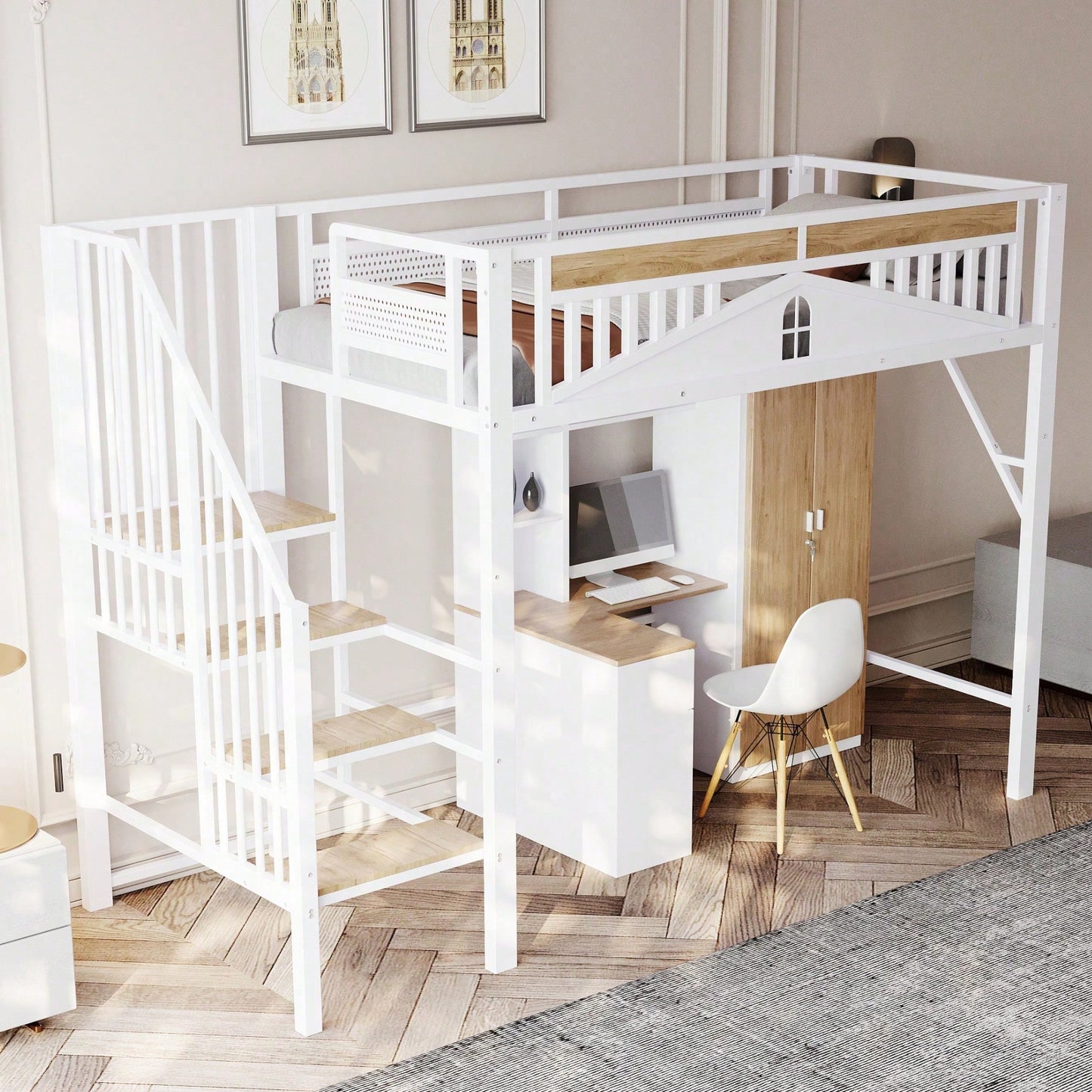 Weißes Metall-Hochbett 90x200 cm - Mit Sicherheitsumrandung, Fenster & stabiler Leiter, großzügiger Stauraum unter dem Bett