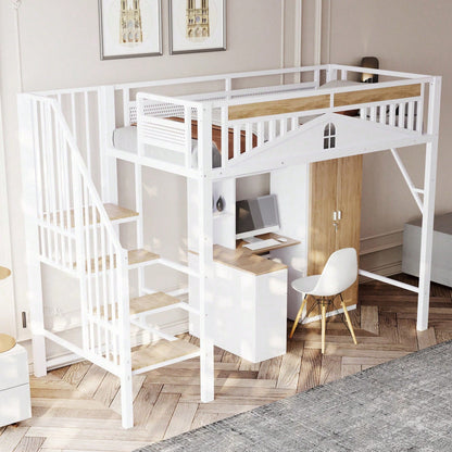 Weißes Metall-Hochbett 90x200 cm - Mit Sicherheitsumrandung, Fenster & stabiler Leiter, großzügiger Stauraum unter dem Bett