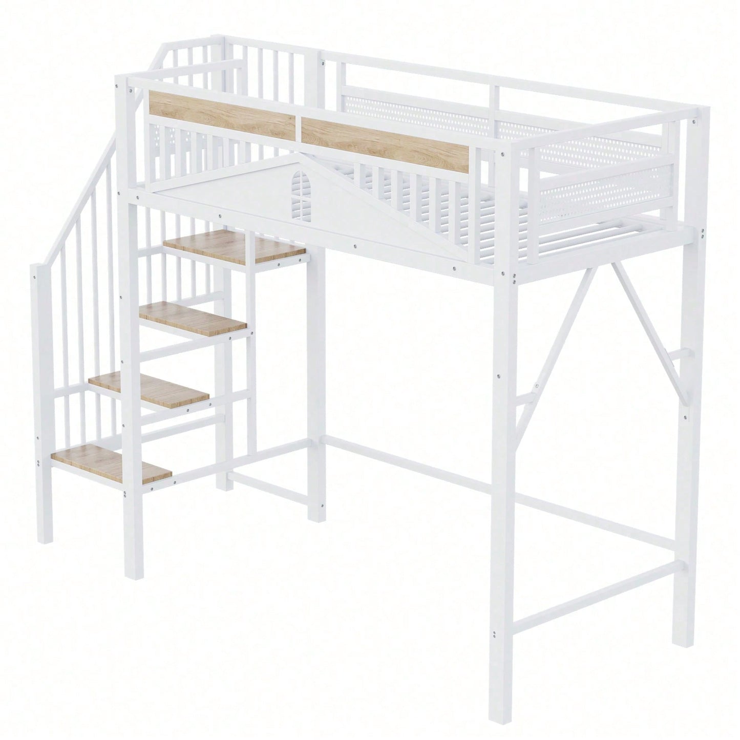 Weißes Metall-Hochbett 90x200 cm - Mit Sicherheitsumrandung, Fenster & stabiler Leiter, großzügiger Stauraum unter dem Bett