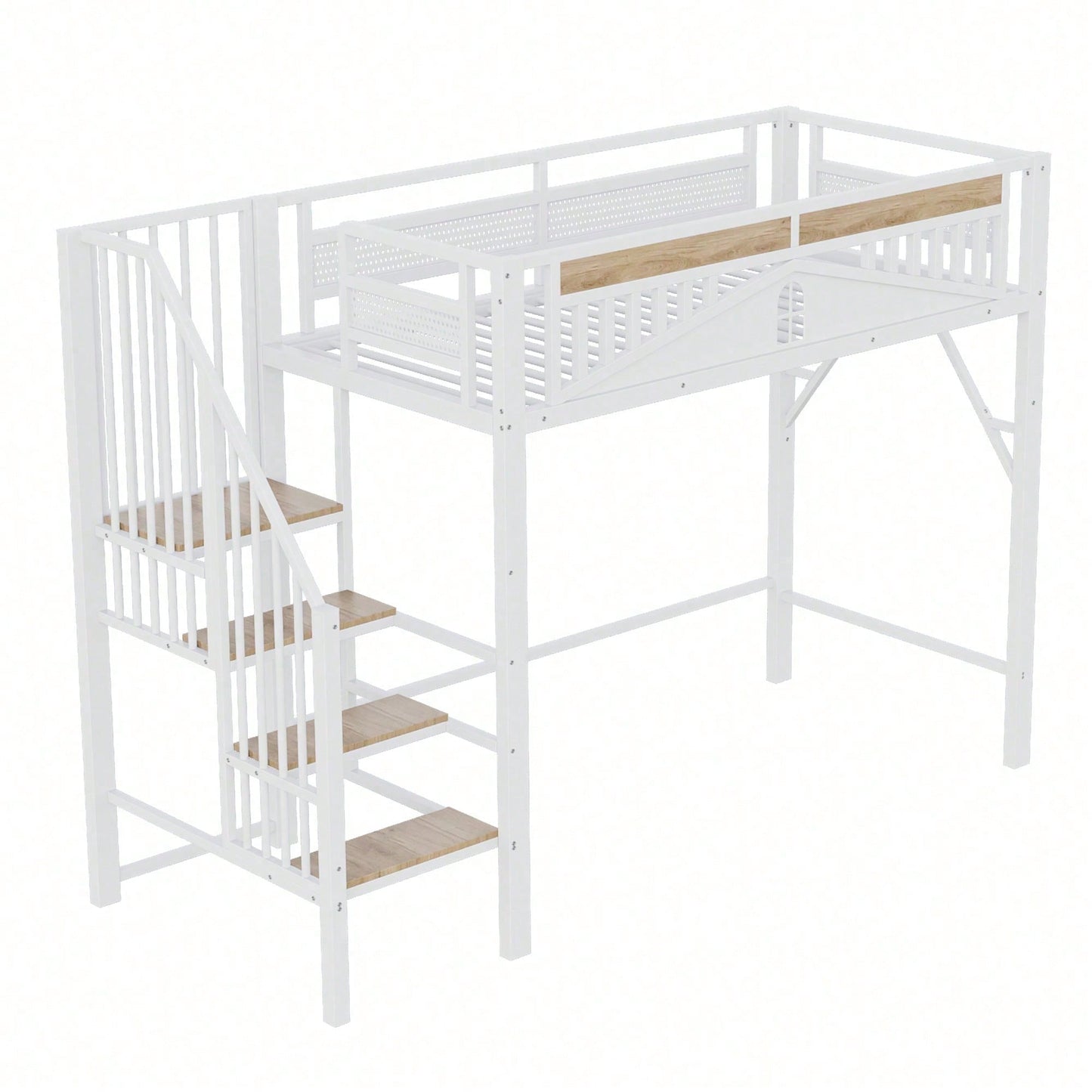 Weißes Metall-Hochbett 90x200 cm - Mit Sicherheitsumrandung, Fenster & stabiler Leiter, großzügiger Stauraum unter dem Bett