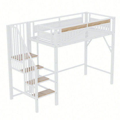 Weißes Metall-Hochbett 90x200 cm - Mit Sicherheitsumrandung, Fenster & stabiler Leiter, großzügiger Stauraum unter dem Bett