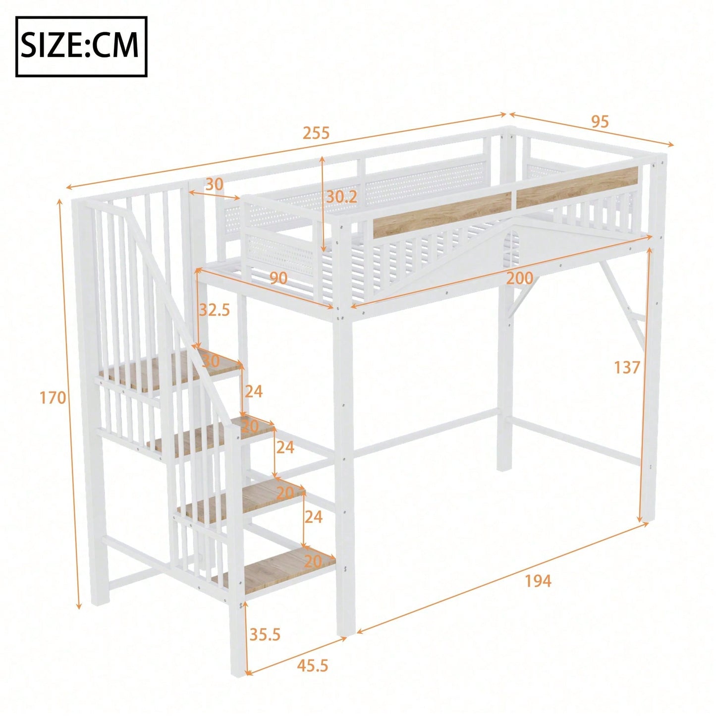 Weißes Metall-Hochbett 90x200 cm - Mit Sicherheitsumrandung, Fenster & stabiler Leiter, großzügiger Stauraum unter dem Bett