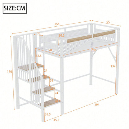 Weißes Metall-Hochbett 90x200 cm - Mit Sicherheitsumrandung, Fenster & stabiler Leiter, großzügiger Stauraum unter dem Bett