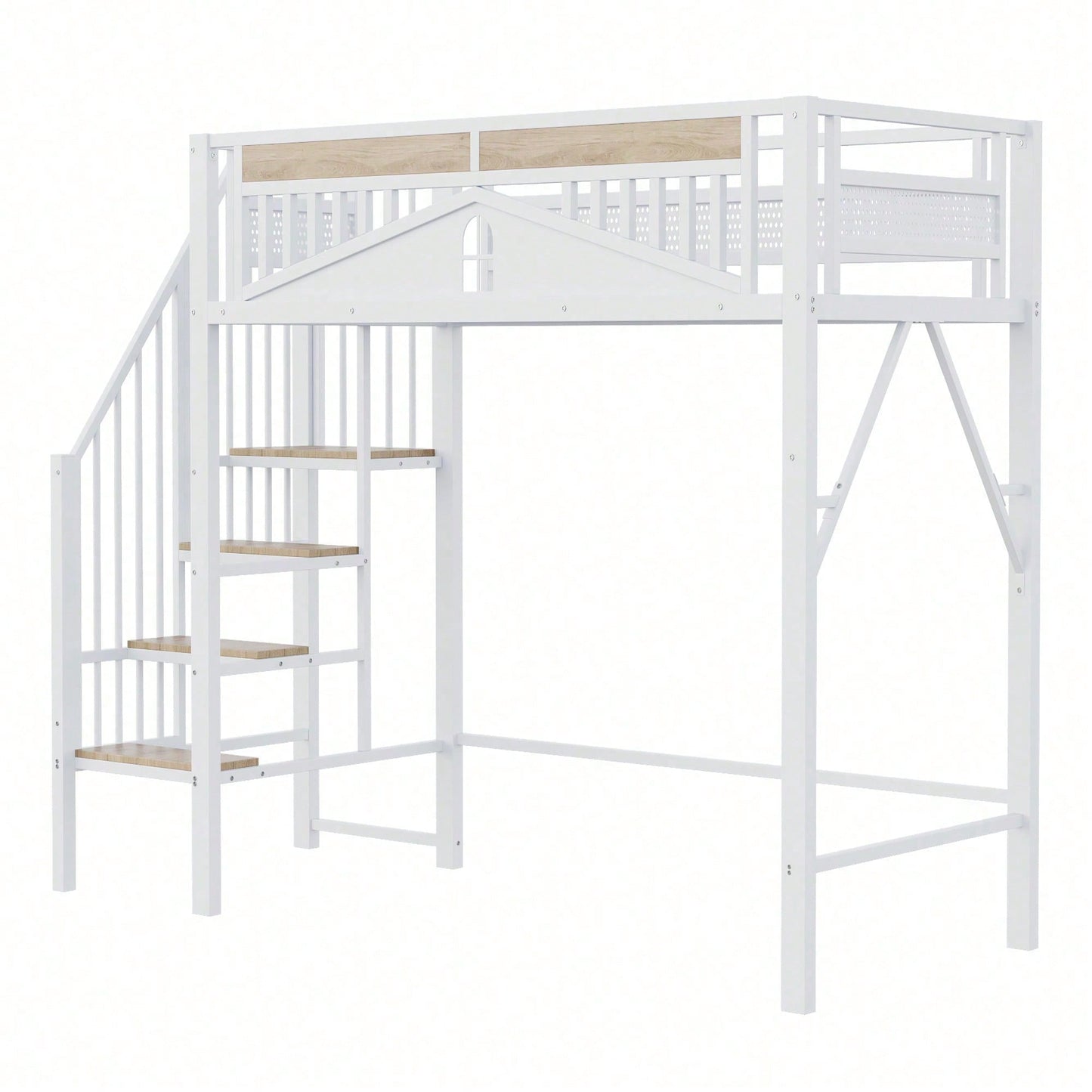 Weißes Metall-Hochbett 90x200 cm - Mit Sicherheitsumrandung, Fenster & stabiler Leiter, großzügiger Stauraum unter dem Bett