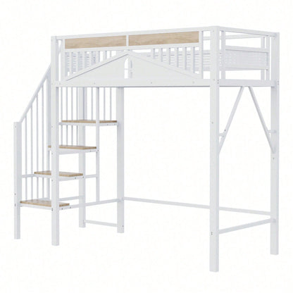Weißes Metall-Hochbett 90x200 cm - Mit Sicherheitsumrandung, Fenster & stabiler Leiter, großzügiger Stauraum unter dem Bett