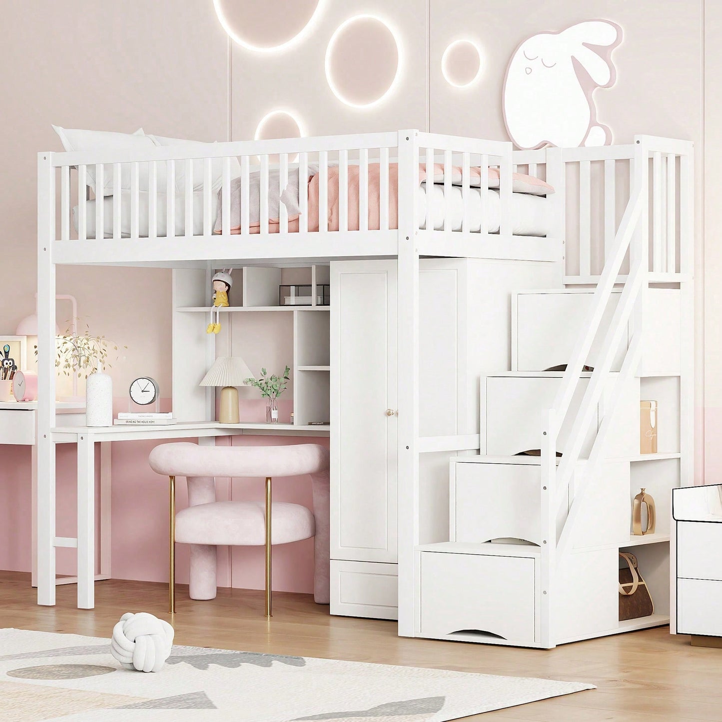 Hochbett mit Kleiderschrank & Schreibtisch – Weißes Holzbett (90x200 cm) + Stauraum & Treppe – Multifunktions-Mehrzweckbett