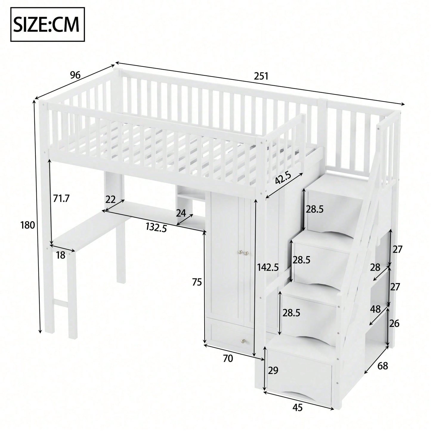 Hochbett mit Kleiderschrank & Schreibtisch – Weißes Holzbett (90x200 cm) + Stauraum & Treppe – Multifunktions-Mehrzweckbett