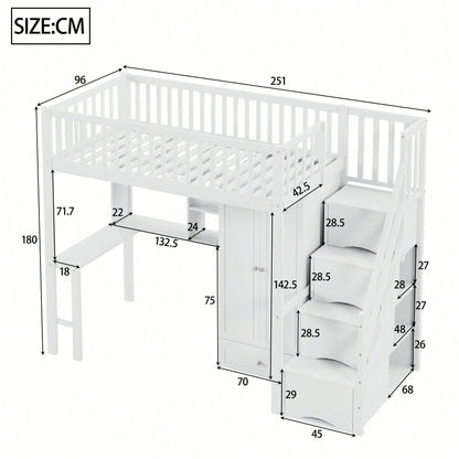 Hochbett mit Kleiderschrank & Schreibtisch – Weißes Holzbett (90x200 cm) + Stauraum & Treppe – Multifunktions-Mehrzweckbett