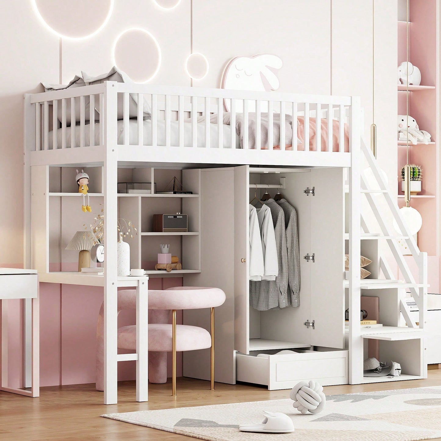 Hochbett mit Kleiderschrank & Schreibtisch – Weißes Holzbett (90x200 cm) + Stauraum & Treppe – Multifunktions-Mehrzweckbett