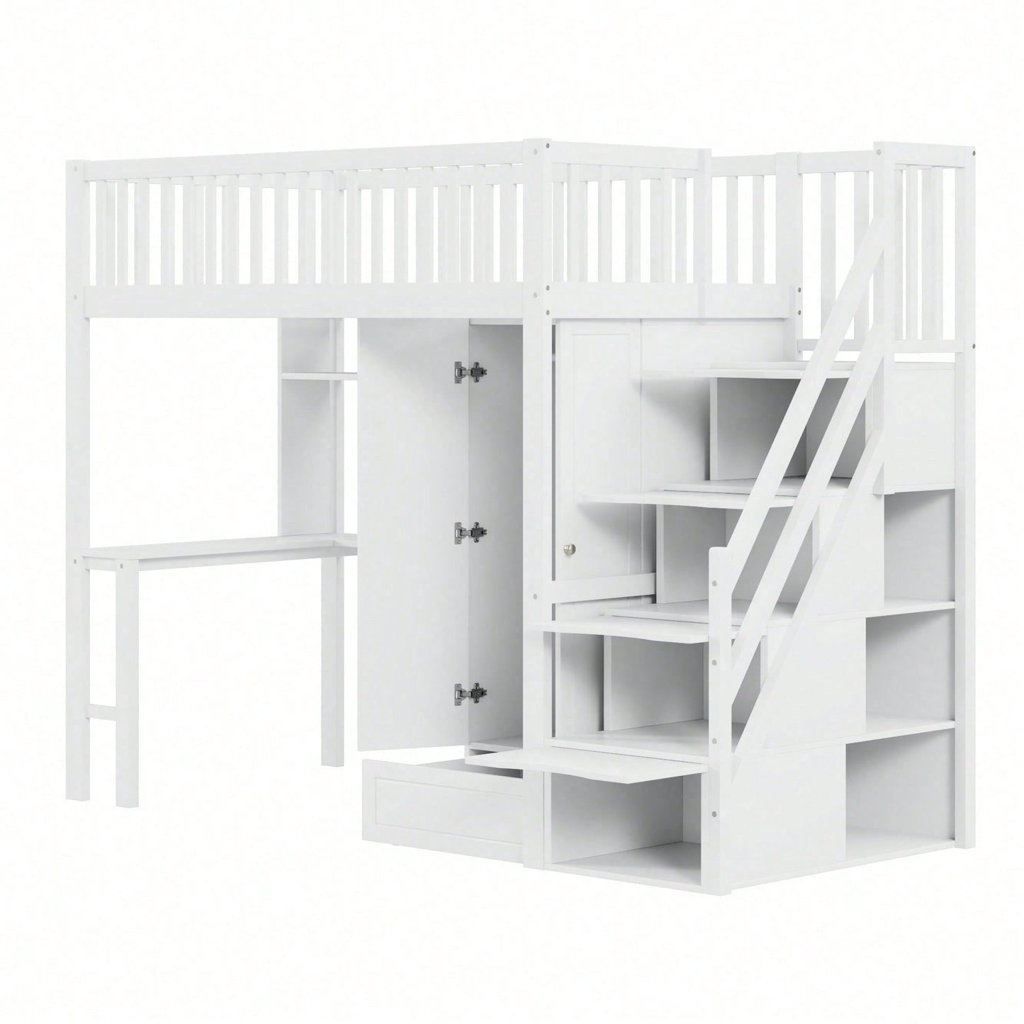 Hochbett mit Kleiderschrank & Schreibtisch – Weißes Holzbett (90x200 cm) + Stauraum & Treppe – Multifunktions-Mehrzweckbett