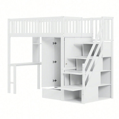 Hochbett mit Kleiderschrank & Schreibtisch – Weißes Holzbett (90x200 cm) + Stauraum & Treppe – Multifunktions-Mehrzweckbett