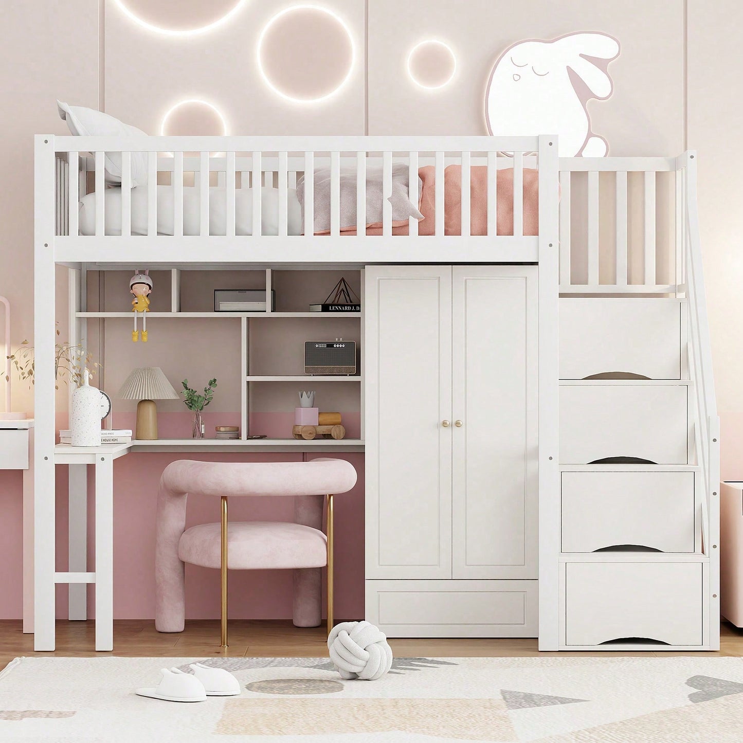 Hochbett mit Kleiderschrank & Schreibtisch – Weißes Holzbett (90x200 cm) + Stauraum & Treppe – Multifunktions-Mehrzweckbett