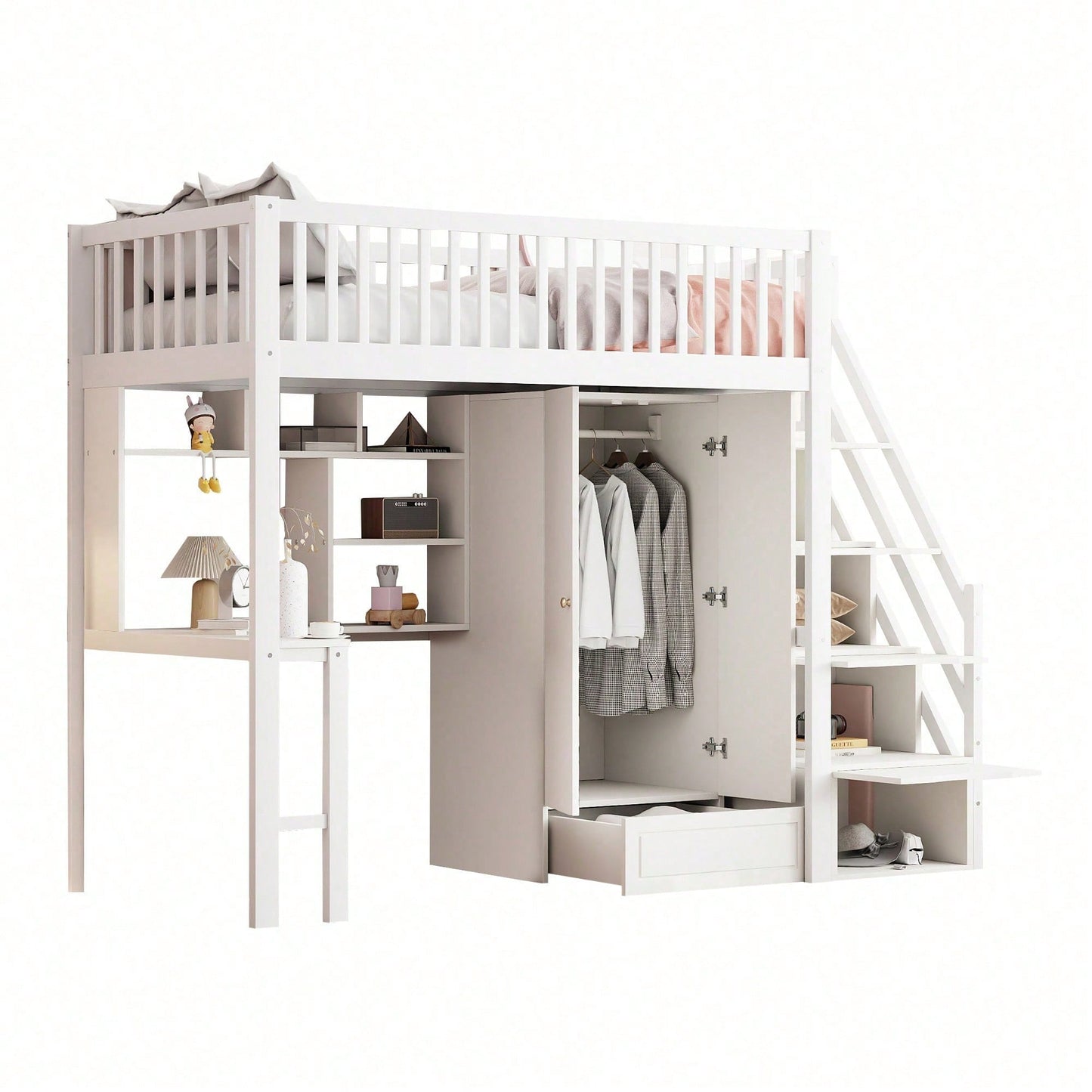 Hochbett mit Kleiderschrank & Schreibtisch – Weißes Holzbett (90x200 cm) + Stauraum & Treppe – Multifunktions-Mehrzweckbett