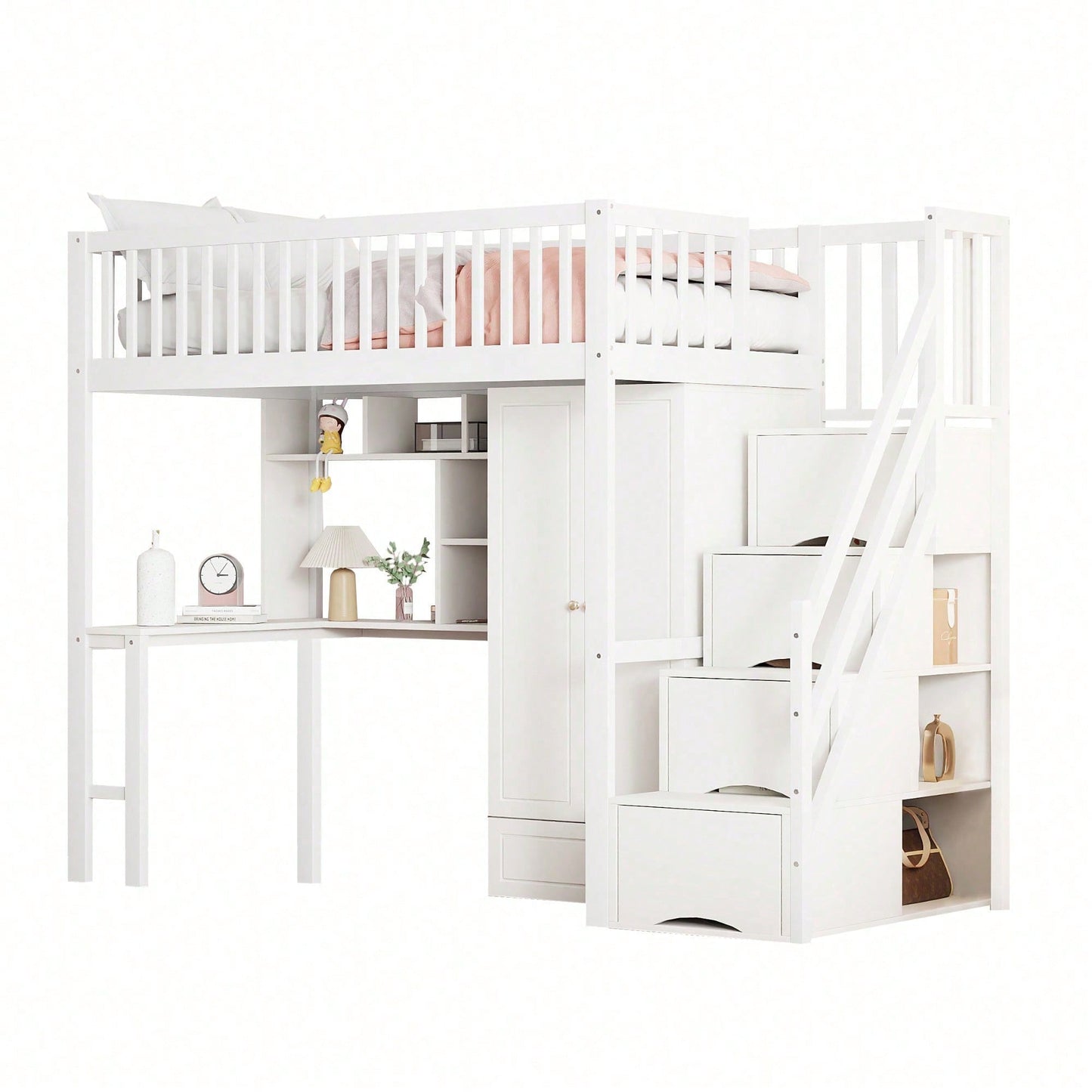 Hochbett mit Kleiderschrank & Schreibtisch – Weißes Holzbett (90x200 cm) + Stauraum & Treppe – Multifunktions-Mehrzweckbett