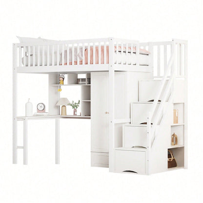 Hochbett mit Kleiderschrank & Schreibtisch – Weißes Holzbett (90x200 cm) + Stauraum & Treppe – Multifunktions-Mehrzweckbett