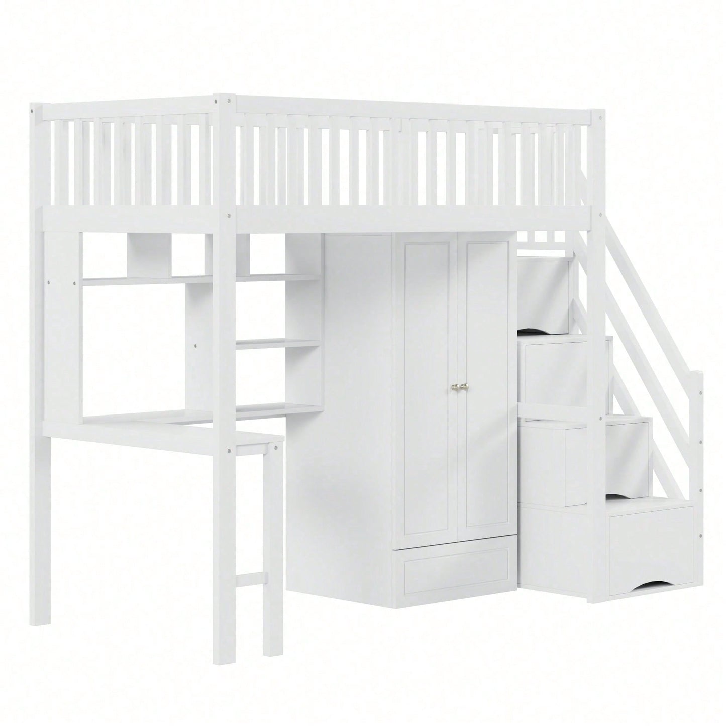 Hochbett mit Kleiderschrank & Schreibtisch – Weißes Holzbett (90x200 cm) + Stauraum & Treppe – Multifunktions-Mehrzweckbett