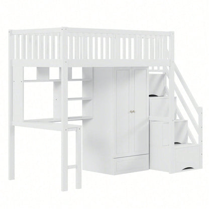 Hochbett mit Kleiderschrank & Schreibtisch – Weißes Holzbett (90x200 cm) + Stauraum & Treppe – Multifunktions-Mehrzweckbett