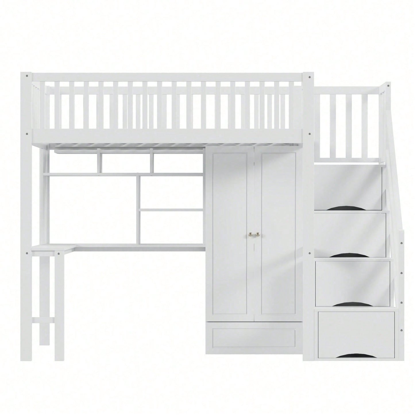 Hochbett mit Kleiderschrank & Schreibtisch – Weißes Holzbett (90x200 cm) + Stauraum & Treppe – Multifunktions-Mehrzweckbett