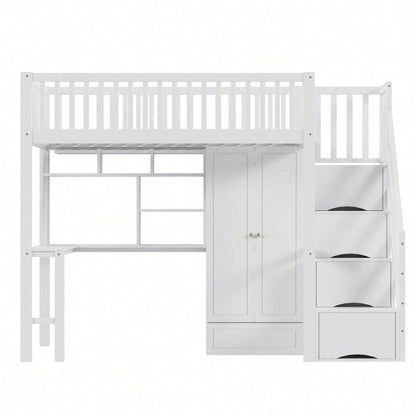 Hochbett mit Kleiderschrank & Schreibtisch – Weißes Holzbett (90x200 cm) + Stauraum & Treppe – Multifunktions-Mehrzweckbett