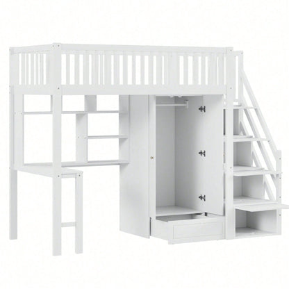 Hochbett mit Kleiderschrank & Schreibtisch – Weißes Holzbett (90x200 cm) + Stauraum & Treppe – Multifunktions-Mehrzweckbett