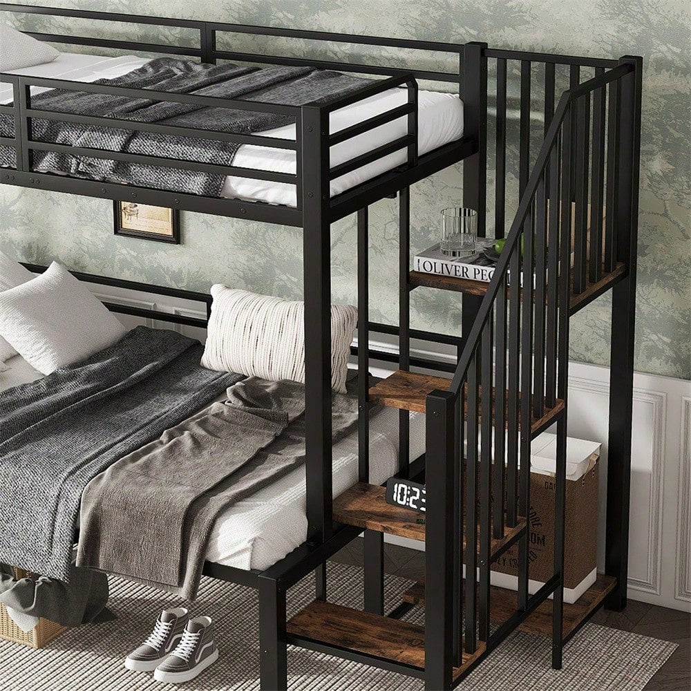 Schwarzes Etagenbett mit Vintage-Holzoptik - Metall+MDF, Eckleiterschrank & Stauraum - 90x200cm & 120x200cm
