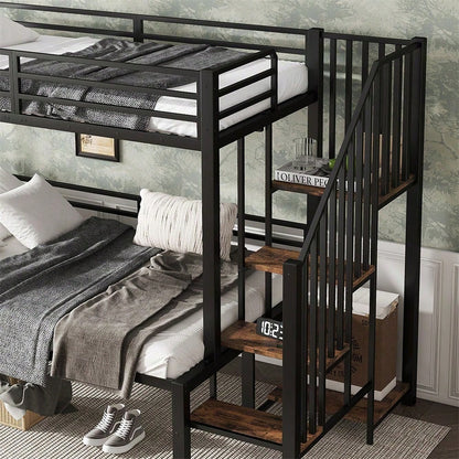 Schwarzes Etagenbett mit Vintage-Holzoptik - Metall+MDF, Eckleiterschrank & Stauraum - 90x200cm & 120x200cm