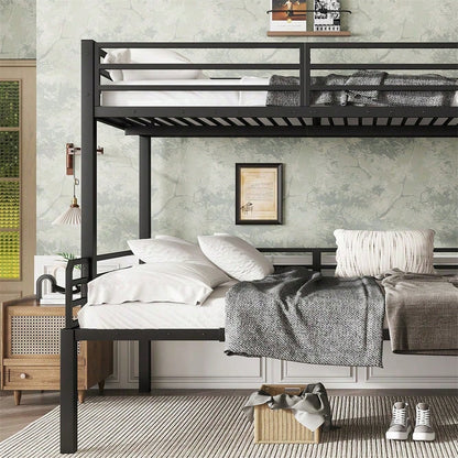 Schwarzes Etagenbett mit Vintage-Holzoptik - Metall+MDF, Eckleiterschrank & Stauraum - 90x200cm & 120x200cm
