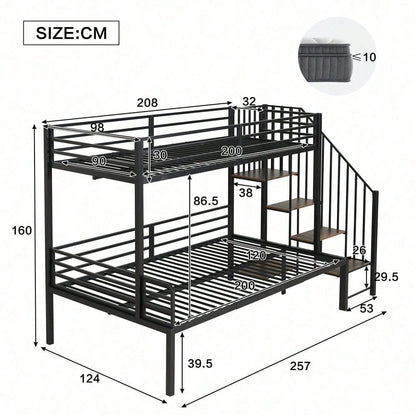 Schwarzes Etagenbett mit Vintage-Holzoptik - Metall+MDF, Eckleiterschrank & Stauraum - 90x200cm & 120x200cm