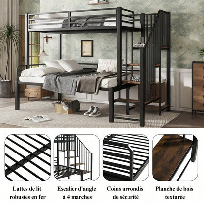 Schwarzes Etagenbett mit Vintage-Holzoptik - Metall+MDF, Eckleiterschrank & Stauraum - 90x200cm & 120x200cm