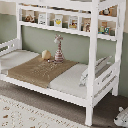 Weißes Etagenbett aus Kiefer & MDF - Mit Fallschutzgitter, 5-stufiger Leiter & großem Stauraum - 90x200 cm