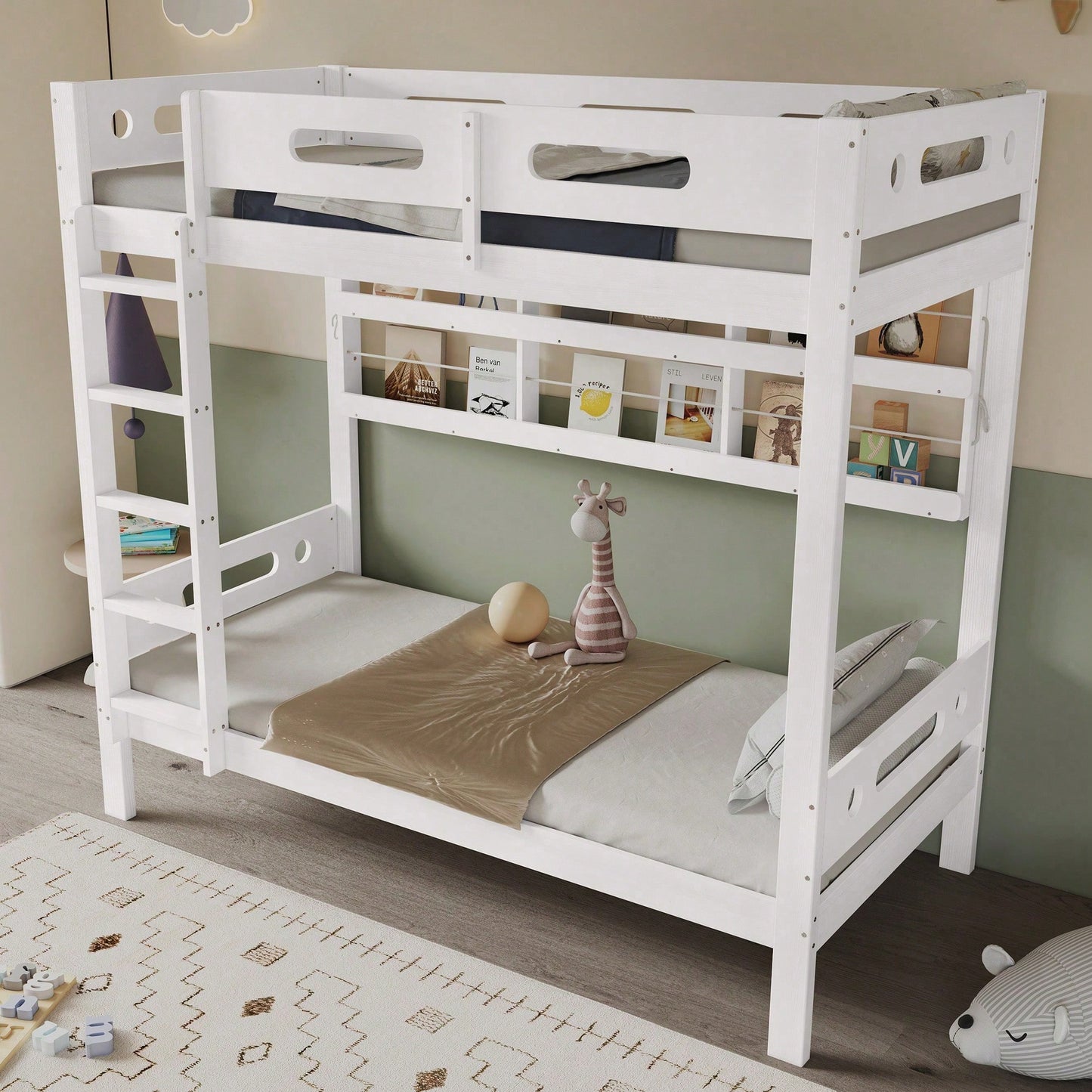 Weißes Etagenbett aus Kiefer & MDF - Mit Fallschutzgitter, 5-stufiger Leiter & großem Stauraum - 90x200 cm