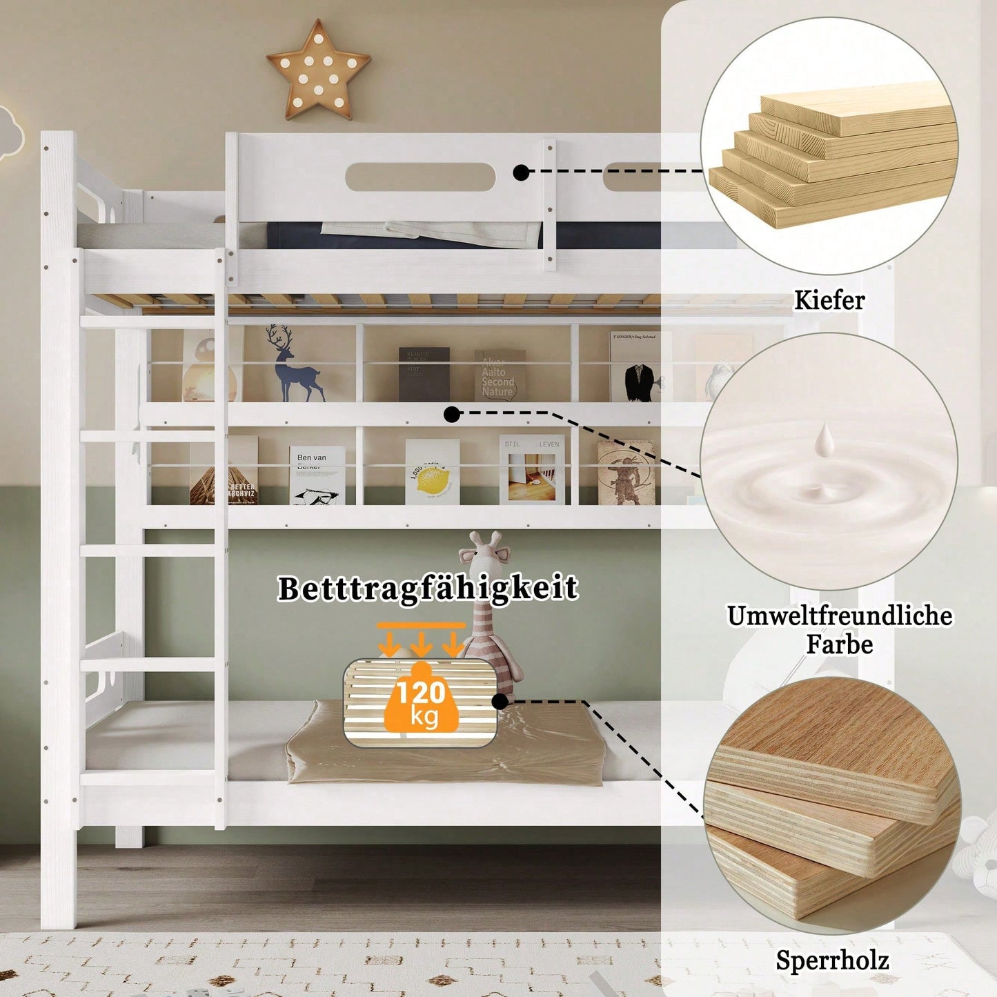 Weißes Etagenbett aus Kiefer & MDF - Mit Fallschutzgitter, 5-stufiger Leiter & großem Stauraum - 90x200 cm