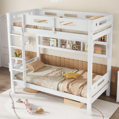 Weißes Etagenbett aus Kiefer & MDF - Mit Fallschutzgitter, 5-stufiger Leiter & großem Stauraum - 90x200 cm