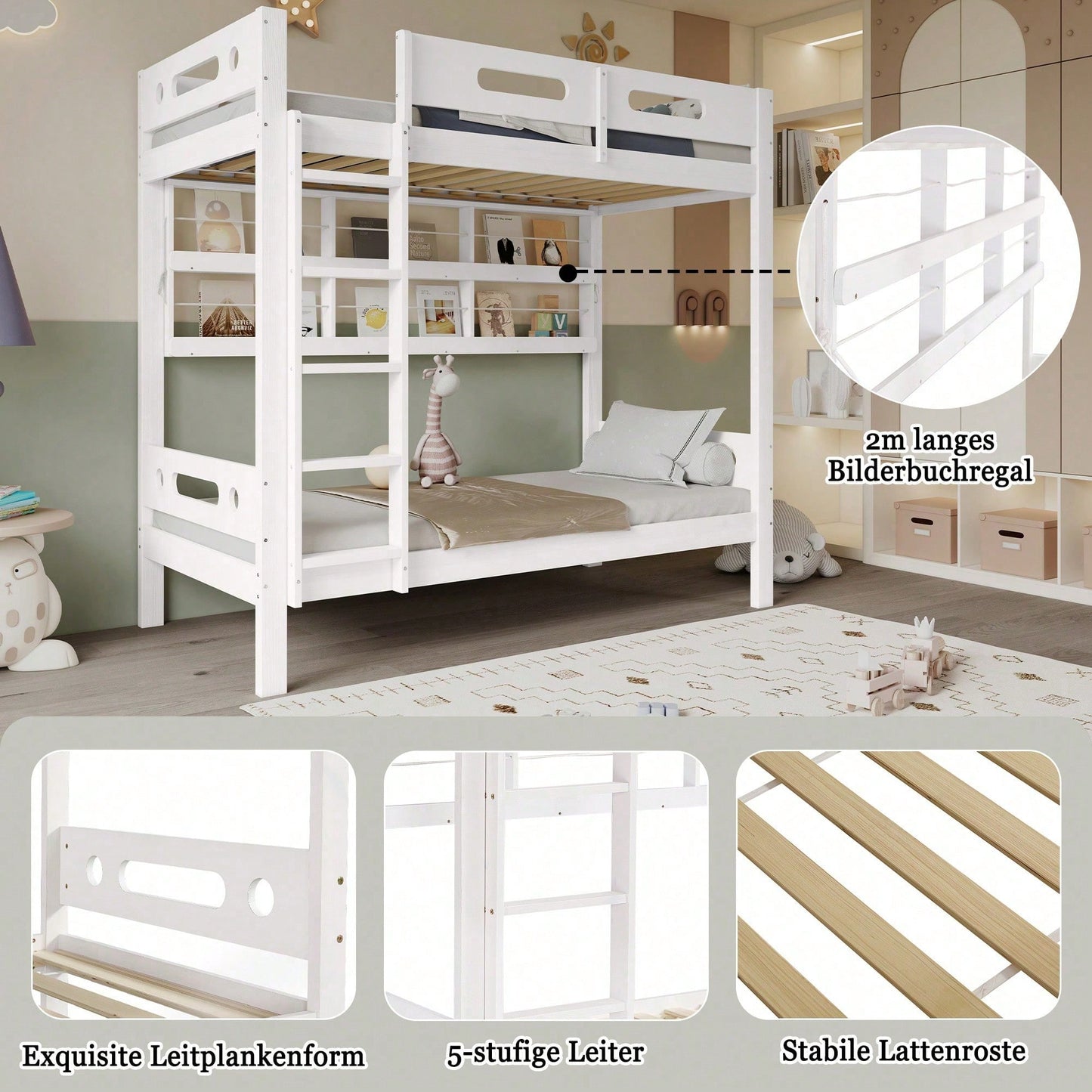 Weißes Etagenbett aus Kiefer & MDF - Mit Fallschutzgitter, 5-stufiger Leiter & großem Stauraum - 90x200 cm