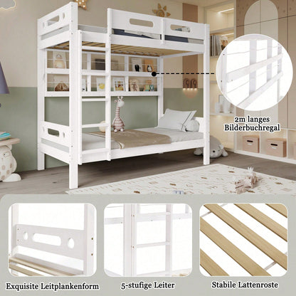 Weißes Etagenbett aus Kiefer & MDF - Mit Fallschutzgitter, 5-stufiger Leiter & großem Stauraum - 90x200 cm