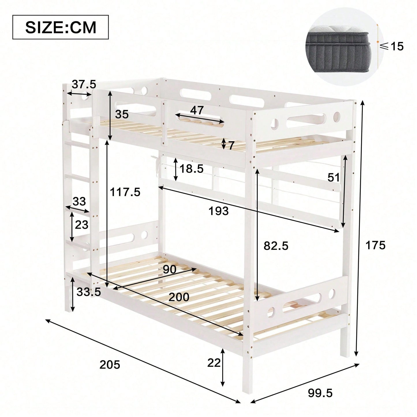 Weißes Etagenbett aus Kiefer & MDF - Mit Fallschutzgitter, 5-stufiger Leiter & großem Stauraum - 90x200 cm