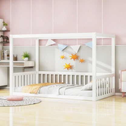 Kinder-Standbett 90 x 200 cm, Himmelbett Massivholz Bettgestell für Kinder Jugendliche Weiß