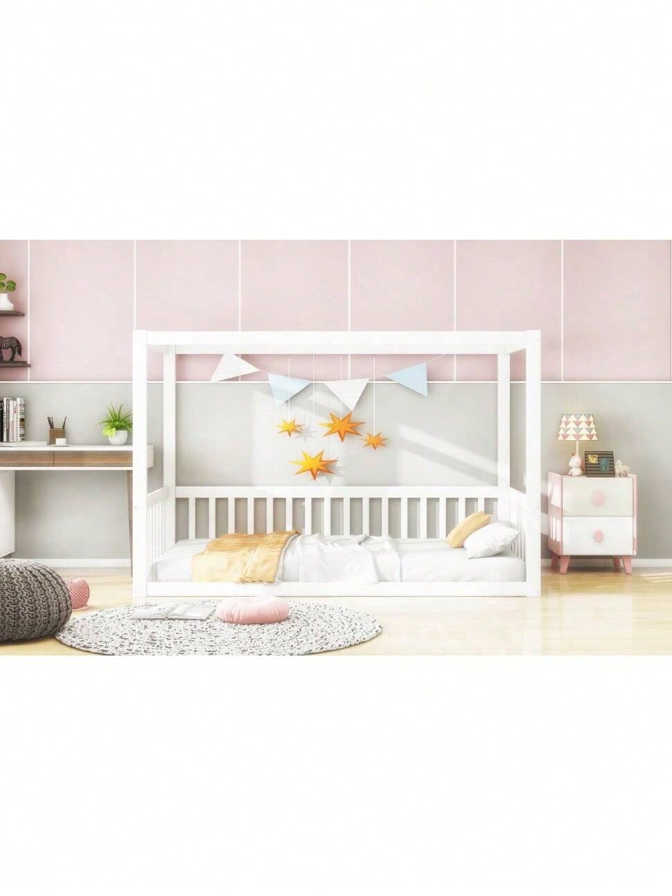 Kinder-Standbett 90 x 200 cm, Himmelbett Massivholz Bettgestell für Kinder Jugendliche Weiß