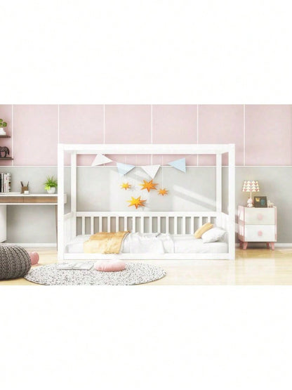 Kinder-Standbett 90 x 200 cm, Himmelbett Massivholz Bettgestell für Kinder Jugendliche Weiß